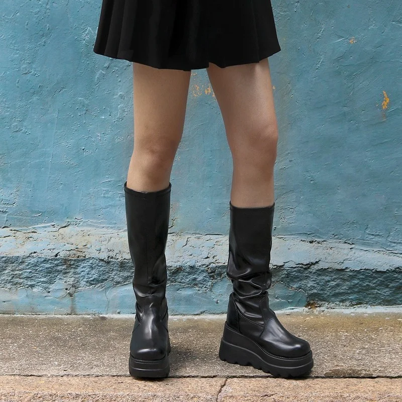 Женские готические ботинки на платформе, нескользящая обувь из искусственной кожи на танкетке, на толстом высоком каблуке