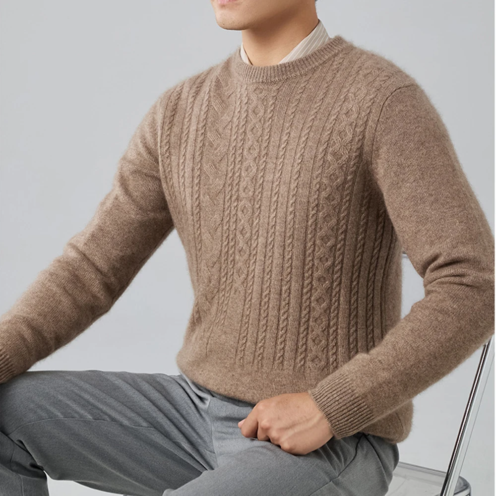 Shinesia Male High Quality knitwear Jumper Custom Logo Men Winter Thick Cashmere Fuzzy Crew Neck Cable Pullover Knitted Sweater