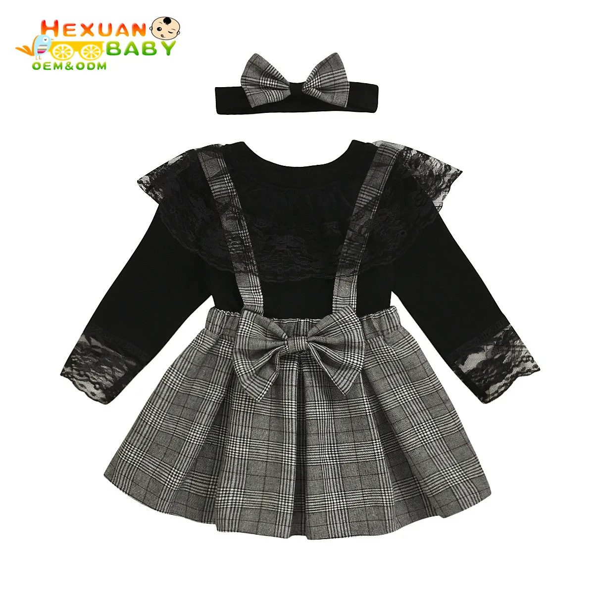Baby Girl Spring Clothing Sets kid Girls Clothes black lace Top + plaid Skirts+Headband 3pcs girls Outfits for 2-6T