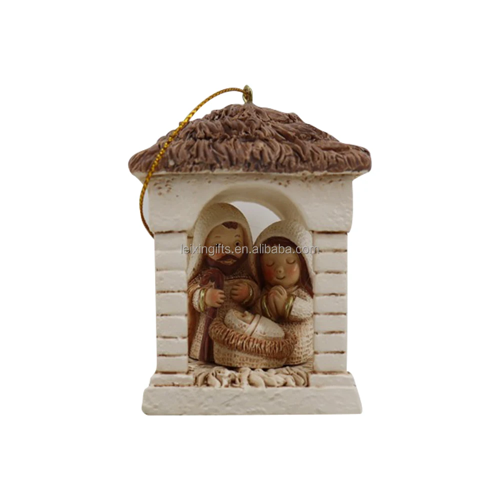 Holy Family Painted Resin Miniature Nativity in Stable Figurine Christmas Nativity Figurine Set with Lambs and cow Figurines