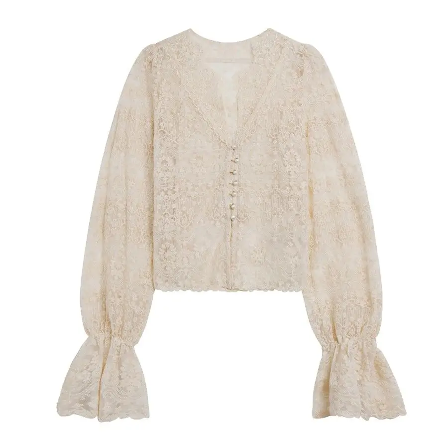 Beige Color V Neck Lace Flare Sleeve Embroidery Casual Trendy Tops For Women V-neck Vintage Hollowed Out Pearl Buckle Shirt