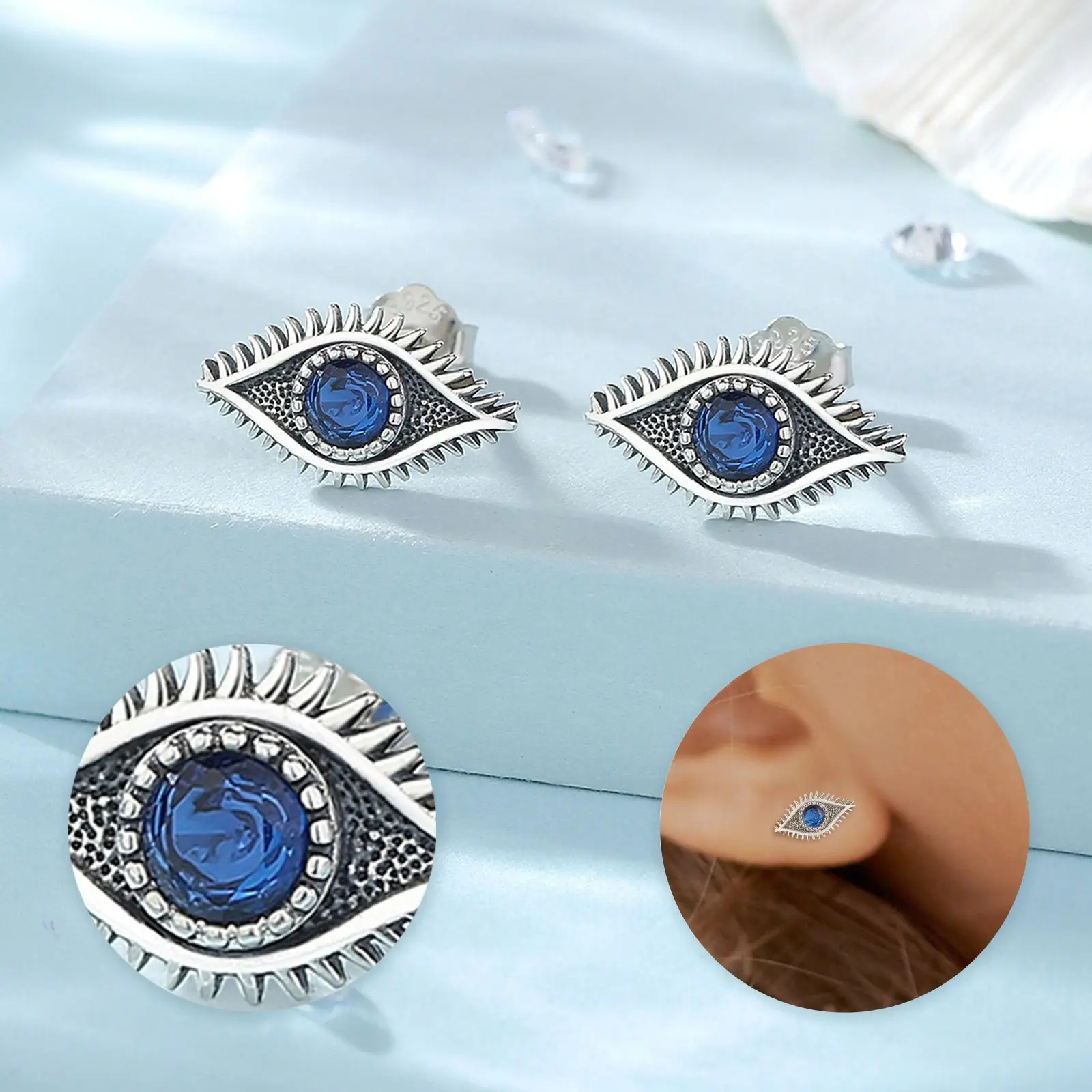 Merryshine 925 Sterling silver jewelry evil turkish blue cz devil eye stud earrings for Women
