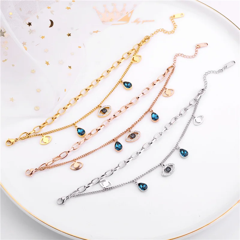 Fashion Gold Plated Double Layer Water Drop Sapphire Turkish Eyes Bracelet Stainless Steel Crystal Evil Eyes Charm Bracelet