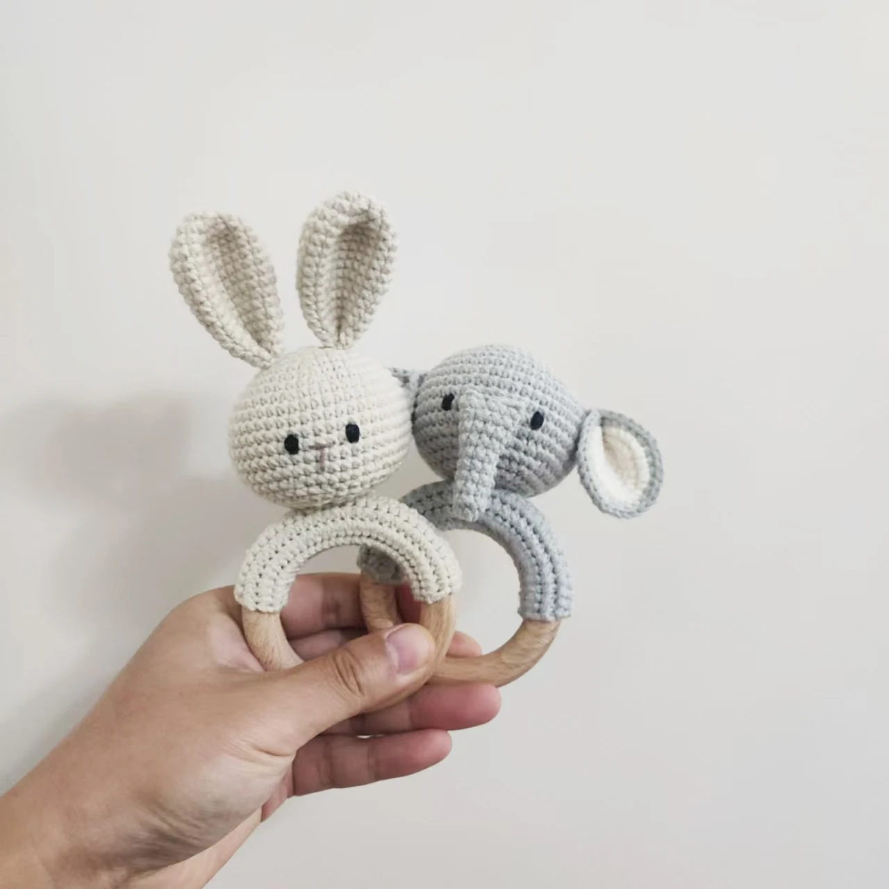 Wooden Animal Rabbit Baby Rattle Crochet Knit Bunny Teething Sensory Toys for Babies