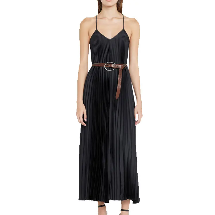 hot selling v neck sleeveless ankle length dress ladies all over pleated silk gown maxidress with strap