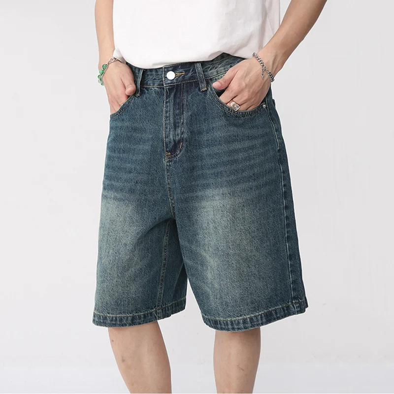 Customized Manufacturer Men Fly  Zipper Big Fight Skate  Short Jean Sandblast  Embroidery Baggy Denim Jorts