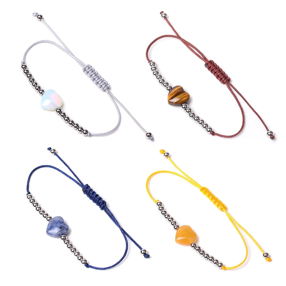 Simple 4mm stainless steel bead ball nature stone heart shaped charm pendant bracelets adjustable rope woven bracelet for woman