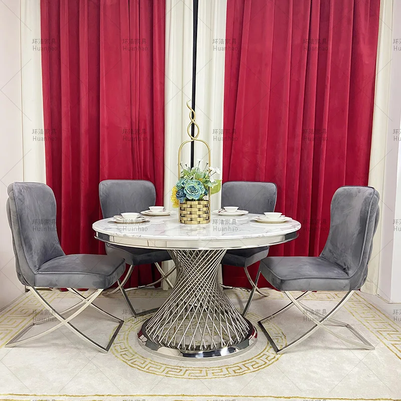Modern luxury Italy wholesale high quality factory direct dining room silver marble top round 6 8  seater dining tables sets