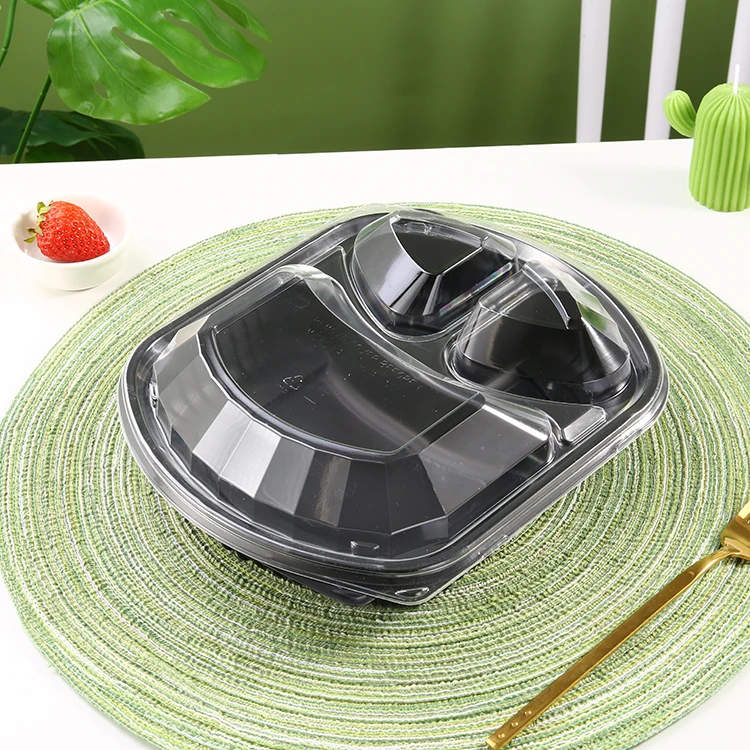 Custom Lunch Box Plastic Microwavable 3 Compartments Black Bento Lunch Box Container Disposable Food Packaging Box