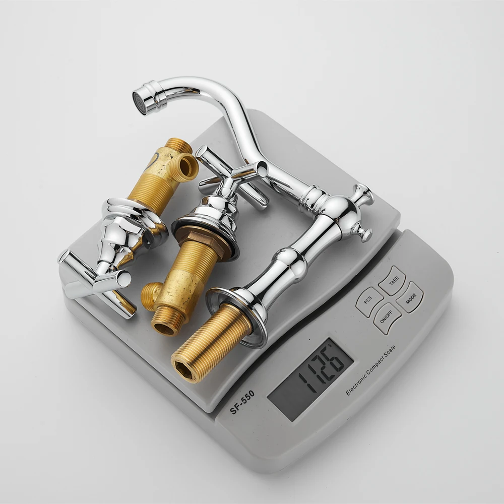 Chrome Brass Sink Faucet 3 Hole Widespread Bathroom Faucet with Water Supply Lines