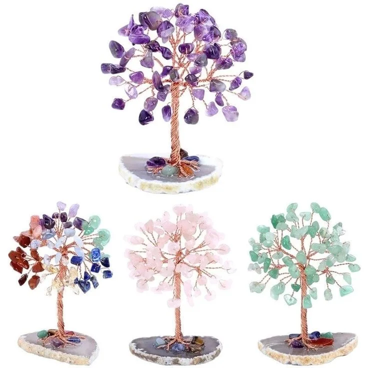 High-Quality Mini Crystal Money Tree with Copper Wire Wrap Agate Sliced Base Feng Shui Home Decor