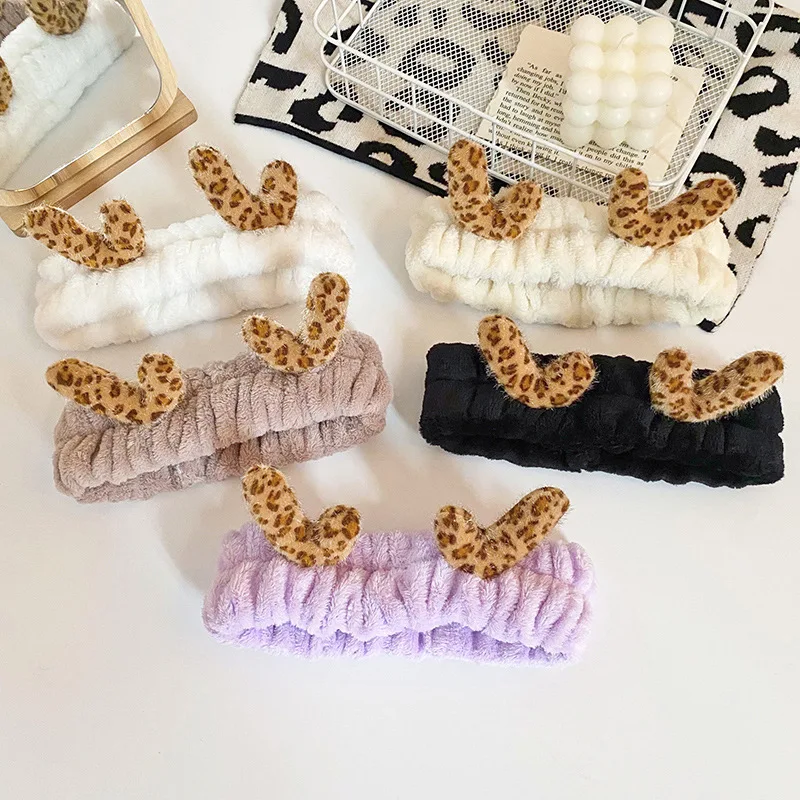 Bath Photo Prop Hair Accessories Women Girls Cute Coral Fleece Deer Horn Elastic Headbands Soft Comfortable Wash Face