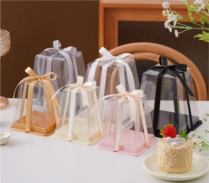 2024 NEW Unique trapezoid volcano shape plastic cream color special tall 2 in 1 plastic bakery cake packaging box