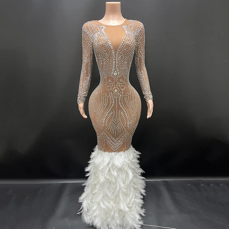 NOVANCE Y2412-D Fancy Feather Dress Women Off The Shoulder Rhinestone Woman Clothes Diamond Dress Long