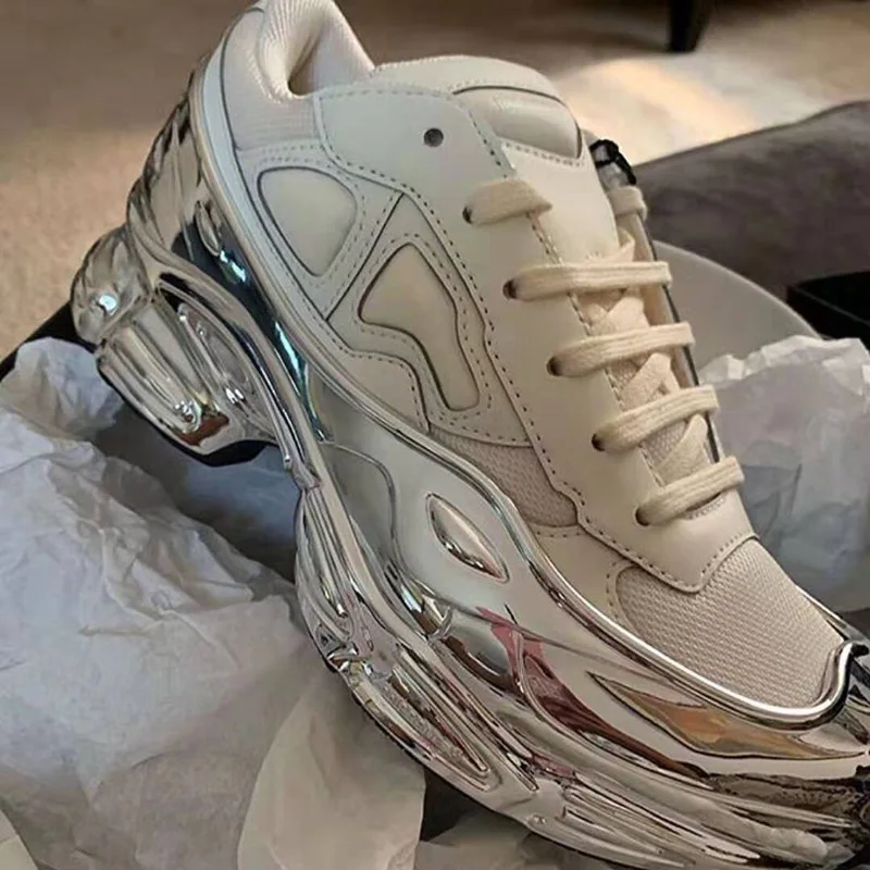European New Style Raf Simons Ozweego Black Silver Metallic Leather Invisible 7 High Sports Running Shoes