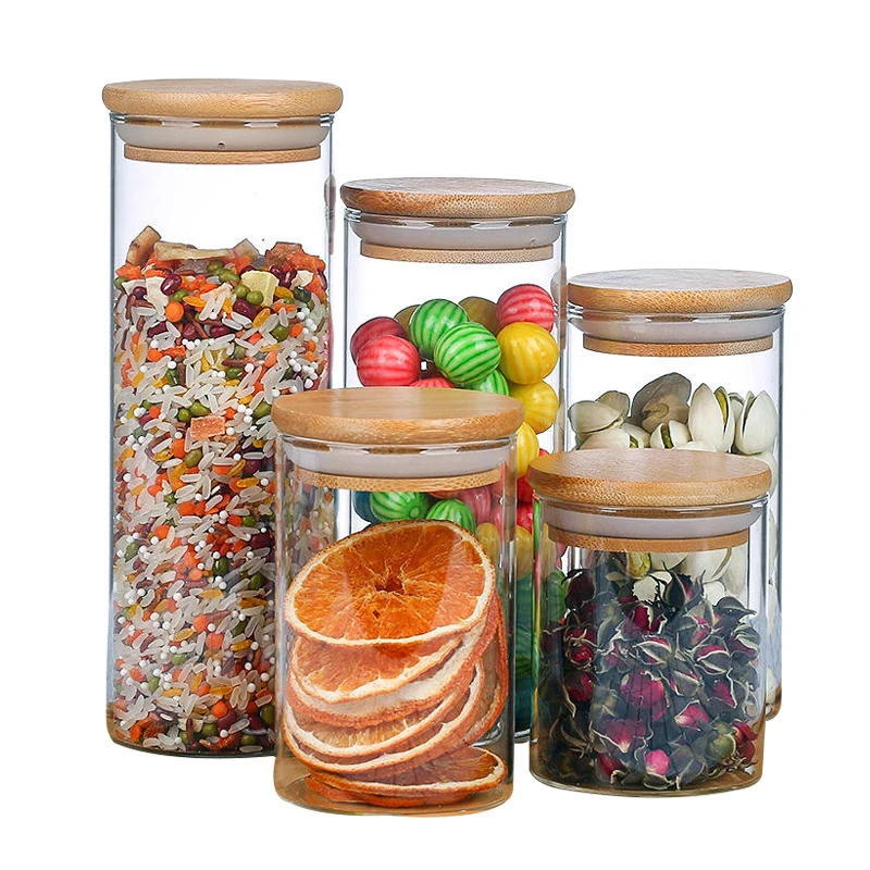 Borosilicate Bamboo Glass Canister Spice Jar Kitchen Food Glass Storage Jar With Bamboo Lid