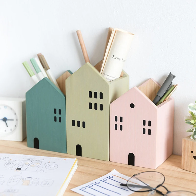 Hot Factory direct sales solid wooden office desk Cartoon house stationery creative pen with holder organizer