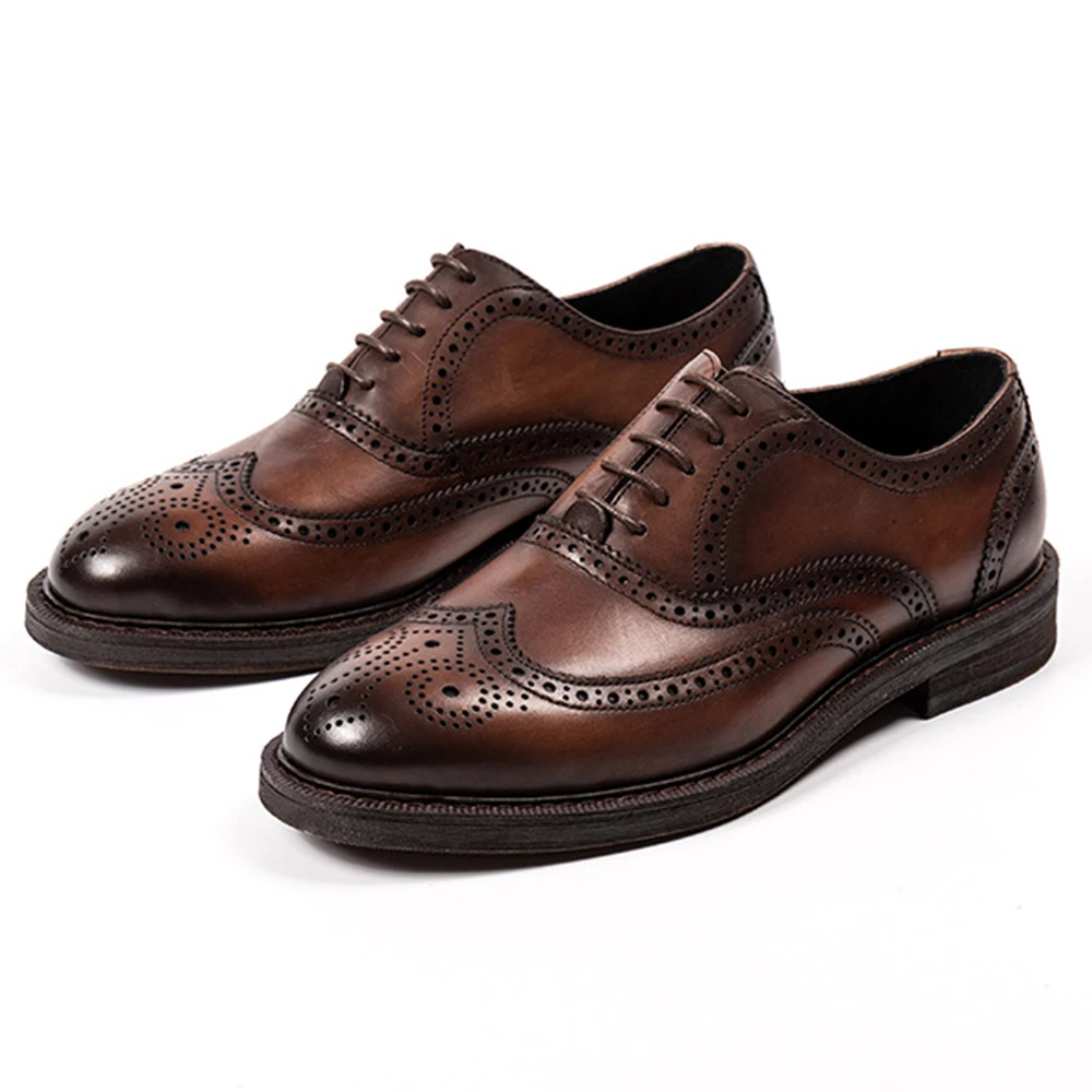2024 Stylish High Quality Brogue Handmade Comfortable Wearing-Resist Genuine Leather Oxford Shoes for Men Lace-Up Dress Shoe
