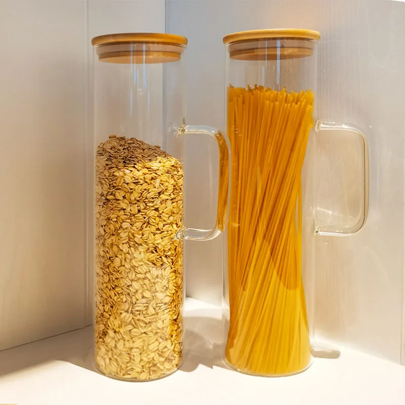 Glass storage tank with handle Spaghetti storage container with bamboo lid sealed transparent glass grain storage box