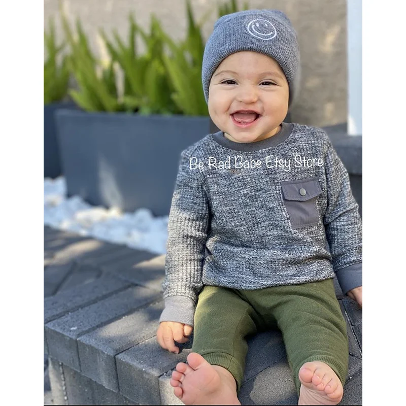 Beanies Knitted Beanie cotton double layer Beanie Hats Wholesale winter knitted hat with smile face embroidery.