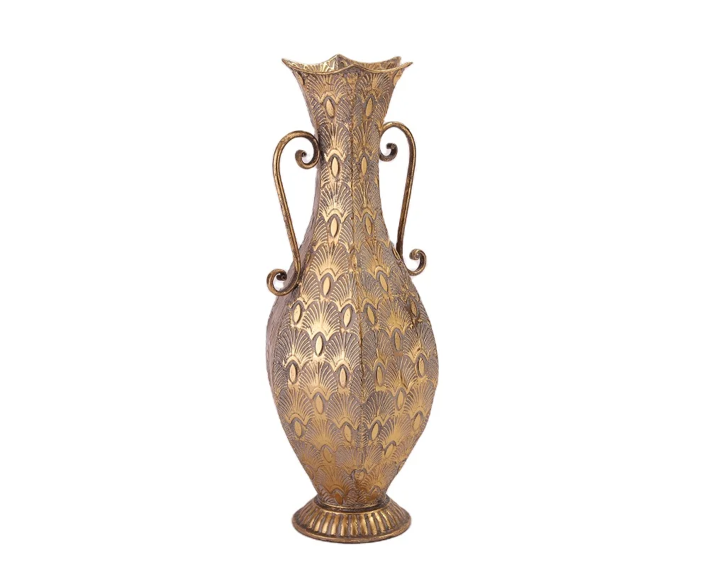 
Retro wrought iron kettle vase with handle base imitation brass golden vase decoration classical vase decoration home 