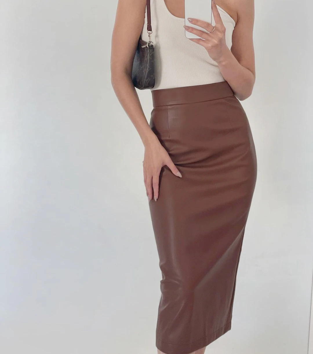 OOTN Zip 2021 Elegant Autumn Winter Female Midi Skirt Office Ladies Womens PU High Waist Bodycon Skirts Split Long Skirts