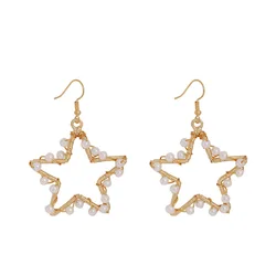 Fashion Hook Earrings Gold Pearl Beads Pentagram Earrings