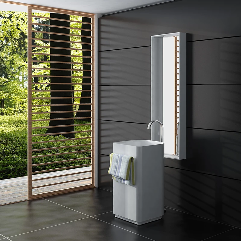 Marble Pedestal Basin Modern Solid Surface Freestanding Wash Sink Hotels Bathrooms Made Artificial Stone Italian Designed White