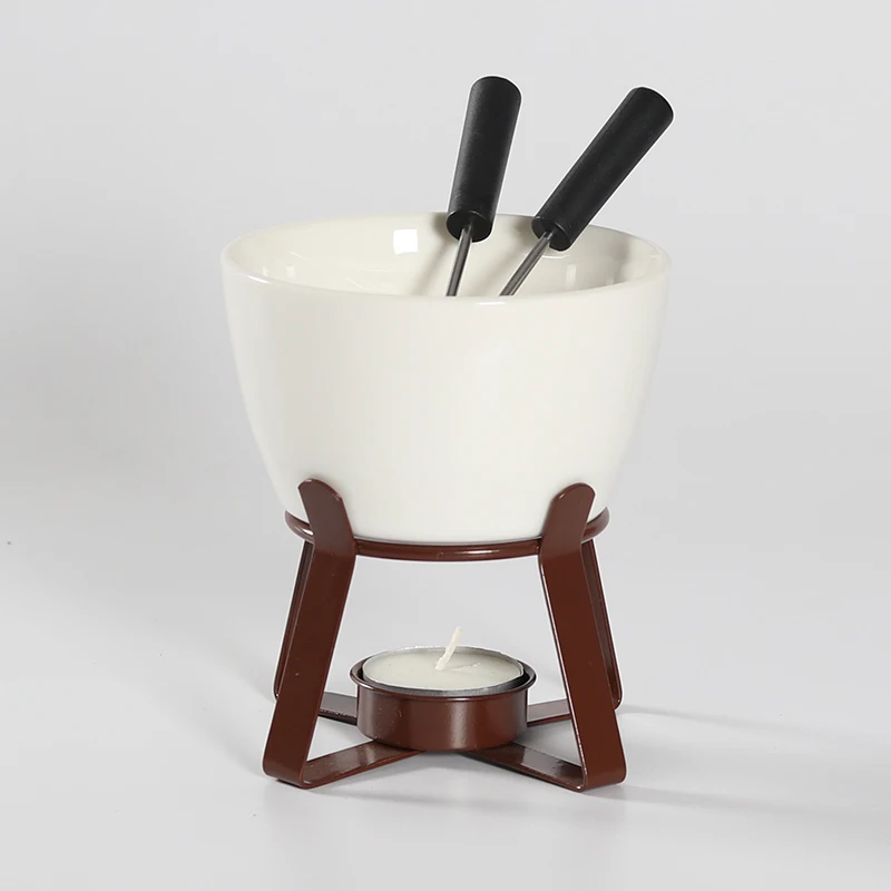 Custom logo household butter warmer melting pot ceramic chocolate cheese fondue set with fork