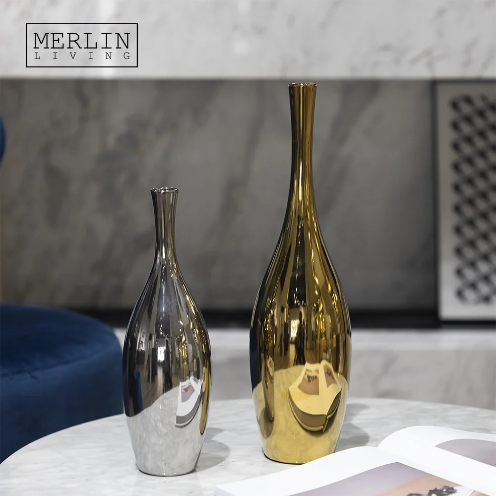 Merlin Living Glitter mirrored Silver gold vase for home decor modern luxury ceramic vase set small bottle metallic flower vase