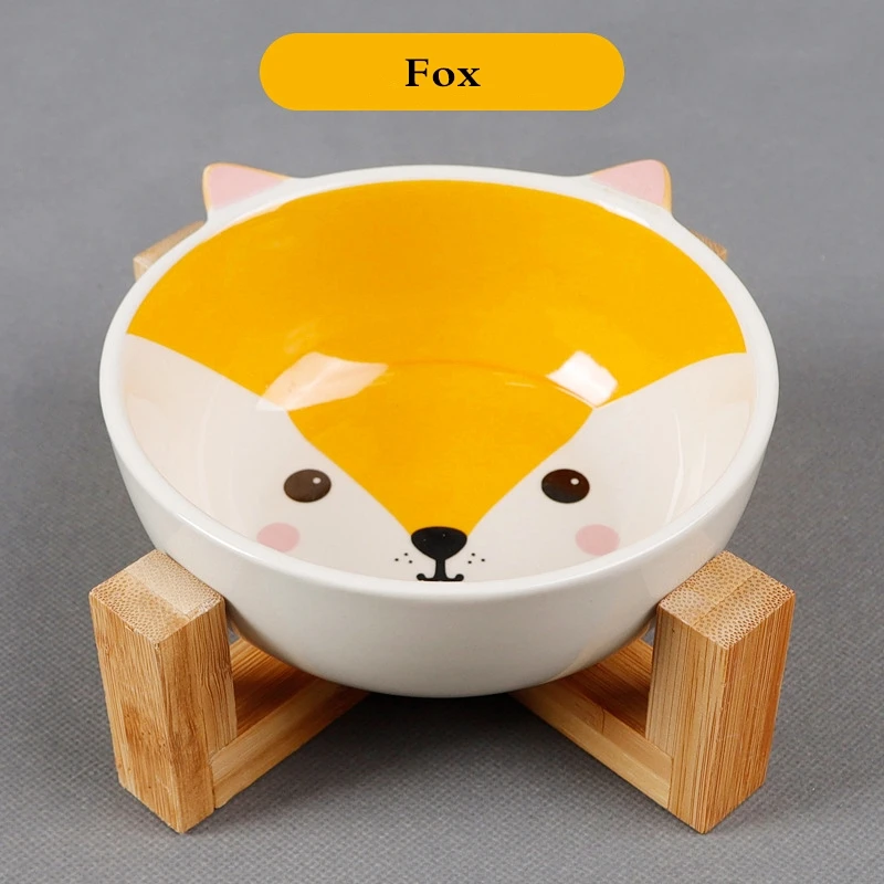 Bowl Dog Food Water Feeder Puppy Ceramic Drinking Dish Bowl With Wooden Rack Pet Tableware