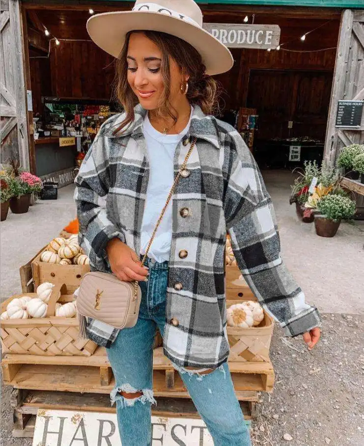 2022 Wholesale Women Clothes Outdoor Jacket Women Plaid Shacket Ladies Flannel Jacket