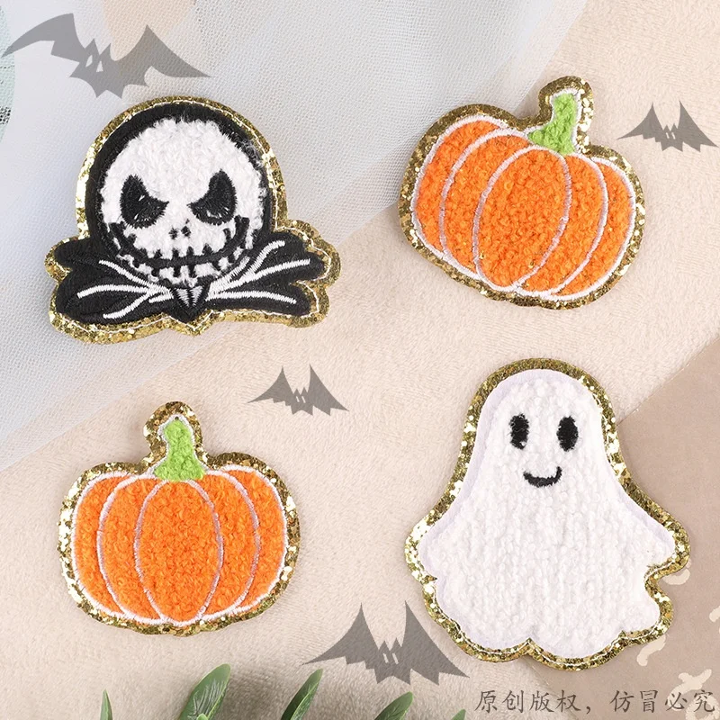 Wholesale Embroidery Pumpkin Chenille Patches Custom Halloween Chenille Patches Pumpkin Design Glitter Ghost  Iron On Patches