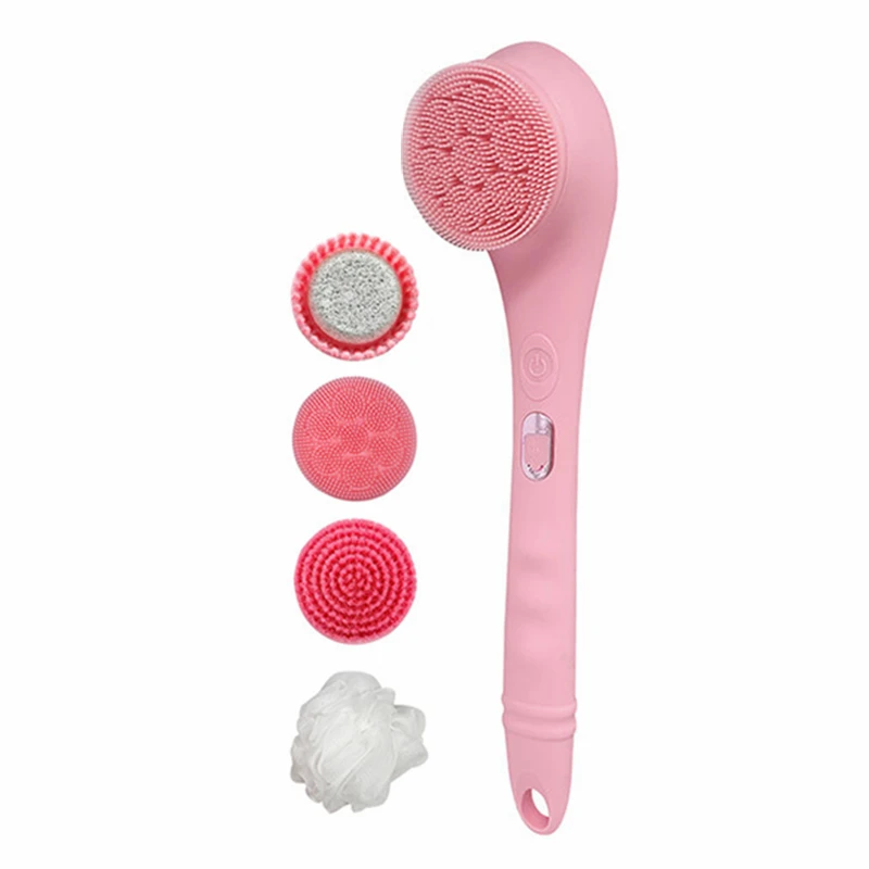 4 IN 1 ELECTRIC Rechargeable Body Mssage Silicone Bath Body Exfoliate Bristle Brush with Long Handel Waterproof Body Scrubber