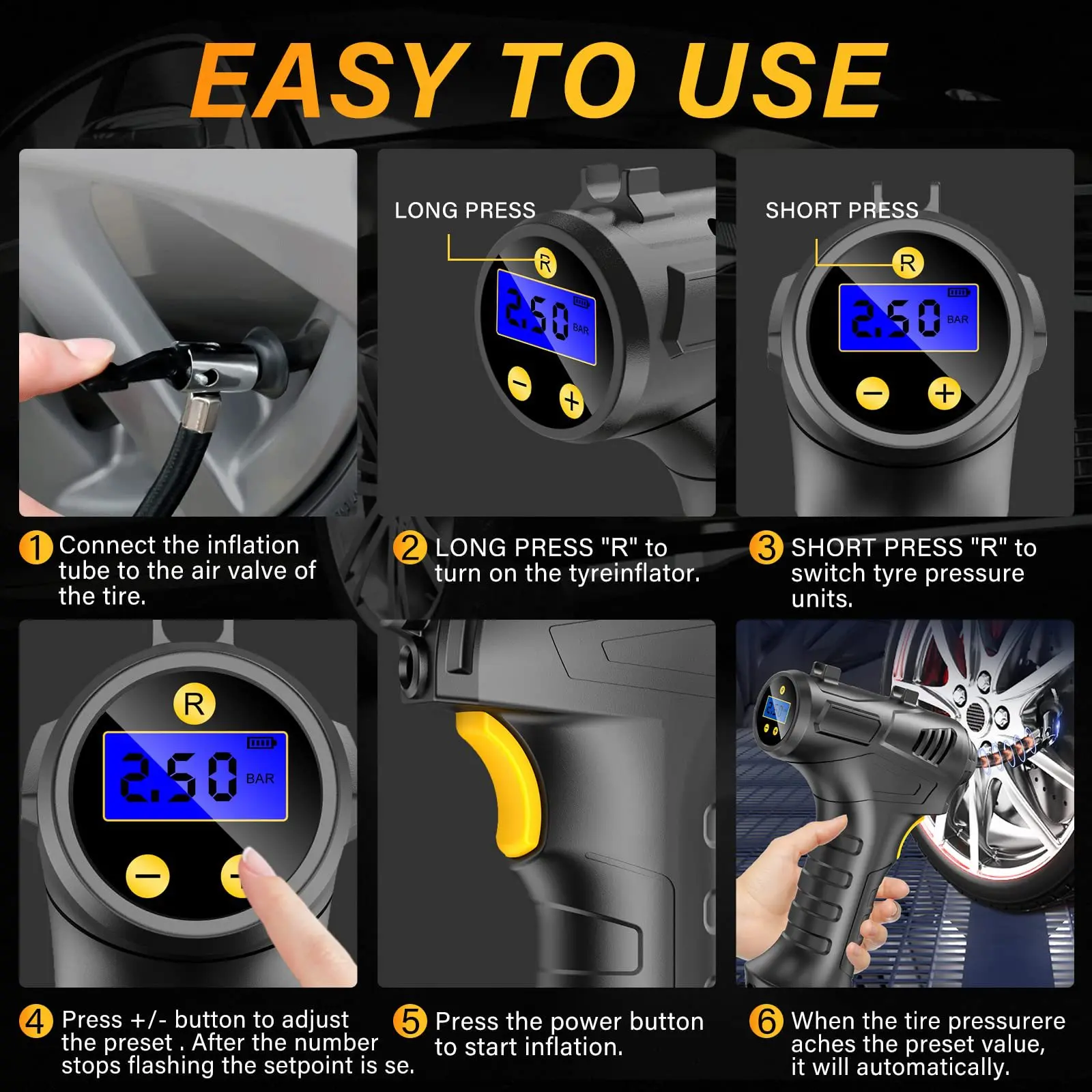Tire Inflator Portable Air Compressor 150PSI Handheld Air Pump for Car with 12V Car Power Adapter Digital Display