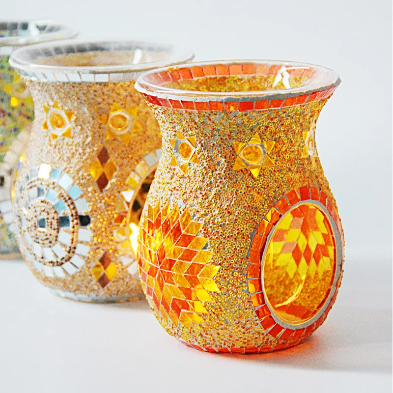 Customized new mosaic ethnic style sunflower, glass color luxury aromatherapy stove candle holder essential oil lamp