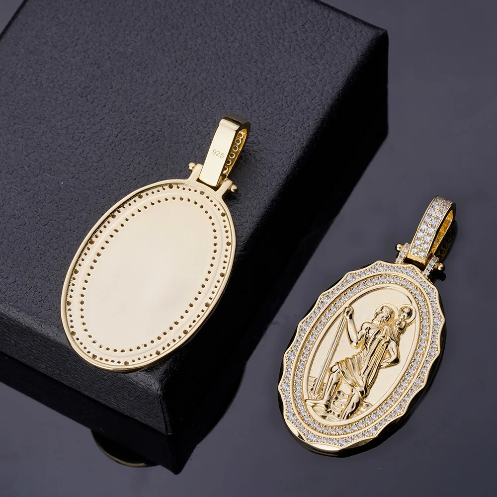 High Quality Religion Vintage Christopher Gold Plated Icy Baguette Zircon Medallion Oval Bezel 925 Silver Christopher Pendant