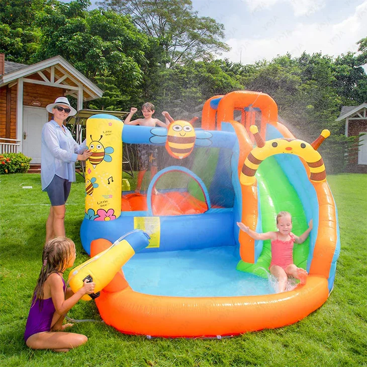 Cute Little Bee Design Inflatable Climbing Water Slide Bounce House with Spray Water Pool and Blower for Kids Outdoor Party Fun