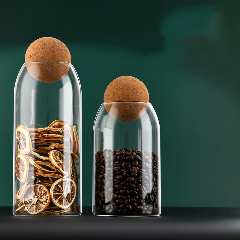 Modern Design Handmade Borosilicate Glass Jars with Wood Lid Cork Ball Stopper Glass Canister Jar for Food Storage in Kitchen