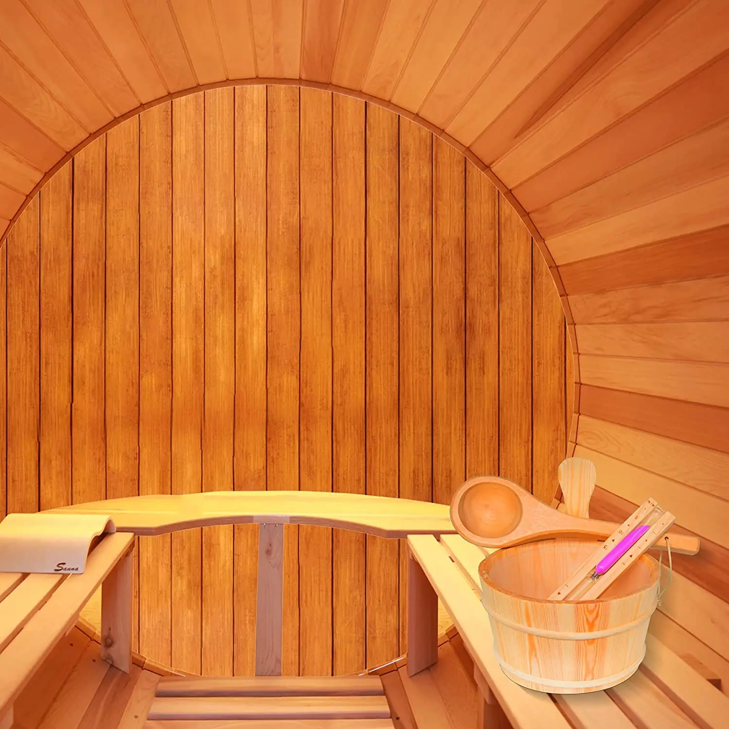 Handmade Sauna Bucket Ladle Set Premium White Hourglass Sand Timer Traditional Wooden Water Bucket with Plastic Liner for Sauna