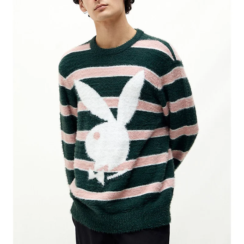OEM Custom Logo Bunny Jacquard Striped Knitted Wear Regular Fit Crew Neck Men Faux Mohair Sweater