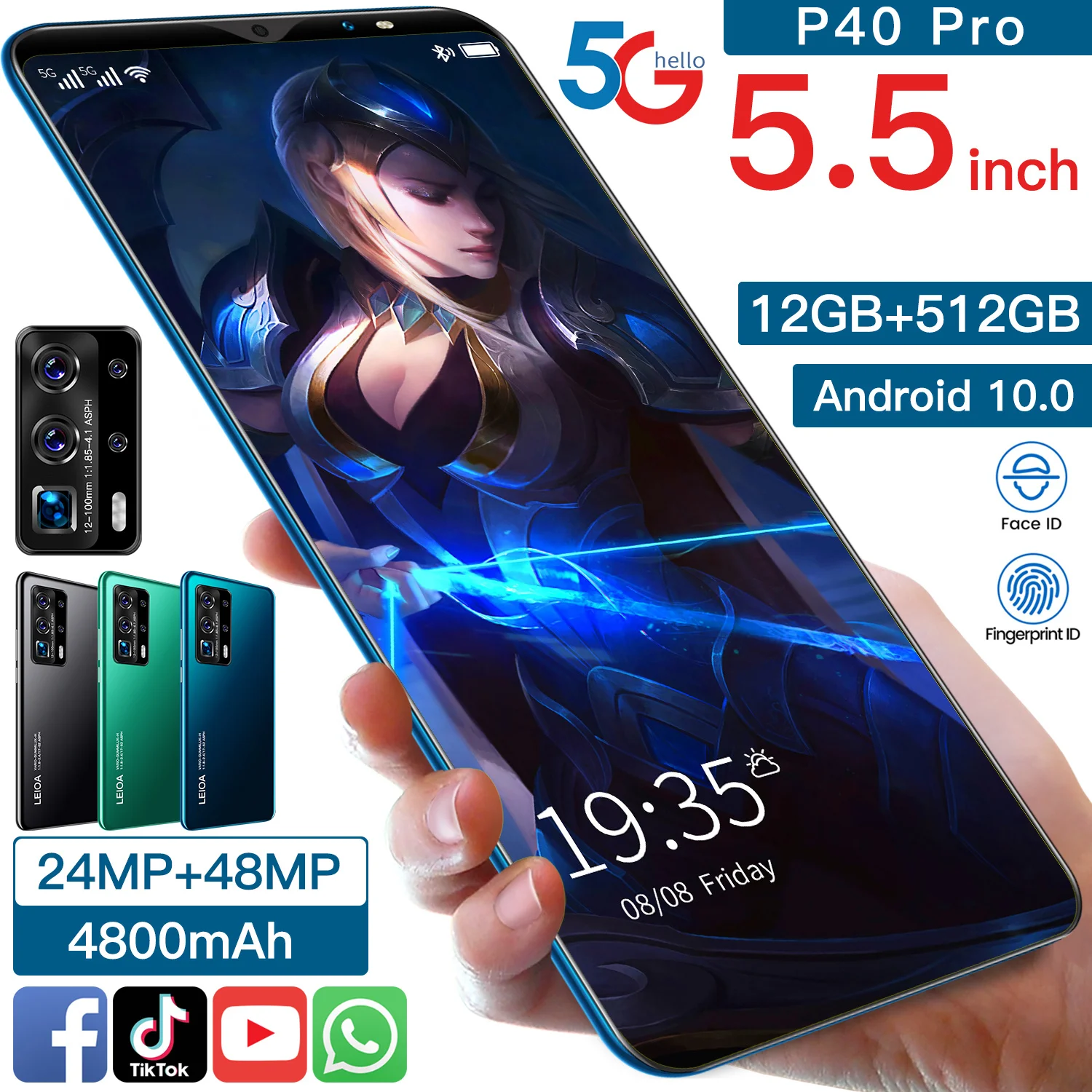 Оптовая продажа с фабрики 5 дюймов 12 Гб + 512 сотовый телевон P40 pro большой емкости для приставки Android Smart чехол мобильного