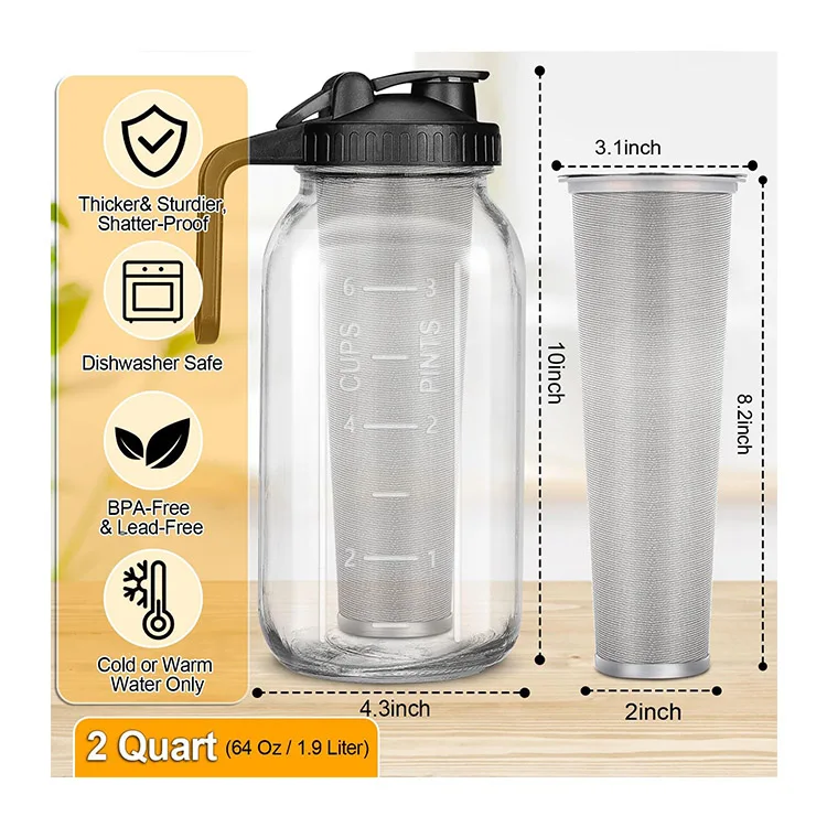 64oz Coffee Breastmilk Sun Tea Iced Tea Glass Water Pitcher mason jar Cold Brew Coffee Maker Pitcher with stainless steel filter