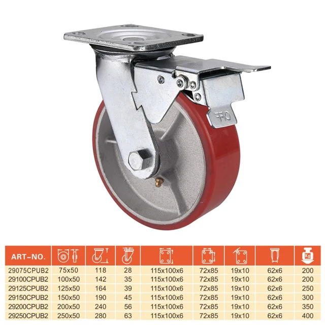 Roller Bearing Very Thick Plate Heavy Duty Cast Iron PU Swivel Caster Dual Brake 3 4 5 6 8 10 Inch Polyurethane Wheel Caster