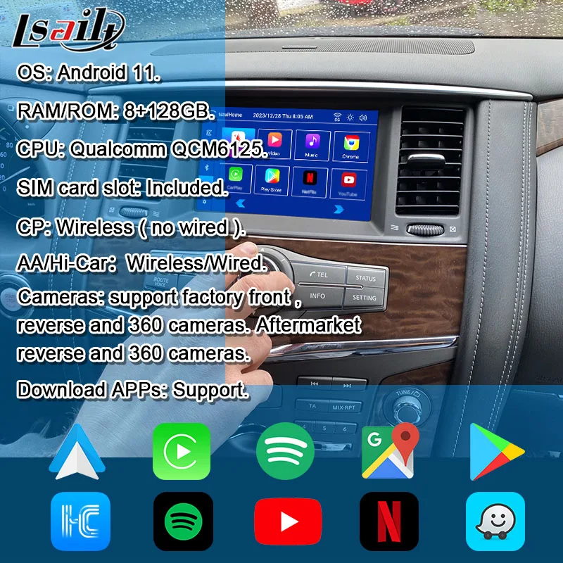 Lsailt 8+128GB 8 Inches Android Car Multimedia HD Screen for Nissan Patrol Armada 2011-17 Video Interface with Wireless CP +AA