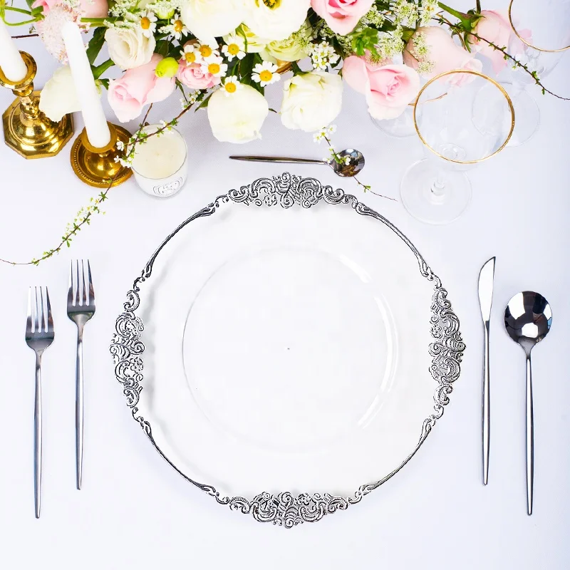 luxury cheap wholesale round transparent plastic reef silver rose gold rim beaded clear charger plates wedding decoration rustic