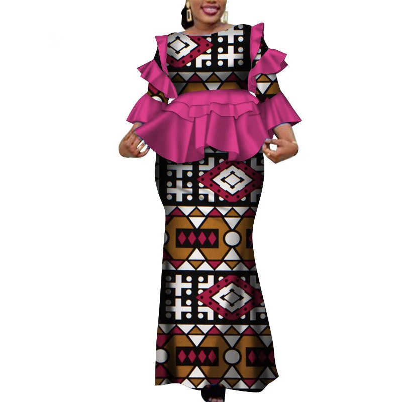 
wholesale African Print Long Dresses Women Bazin Riche 100% Cotton Ruffles Sleeve Dresses Design Clothing WY4142 