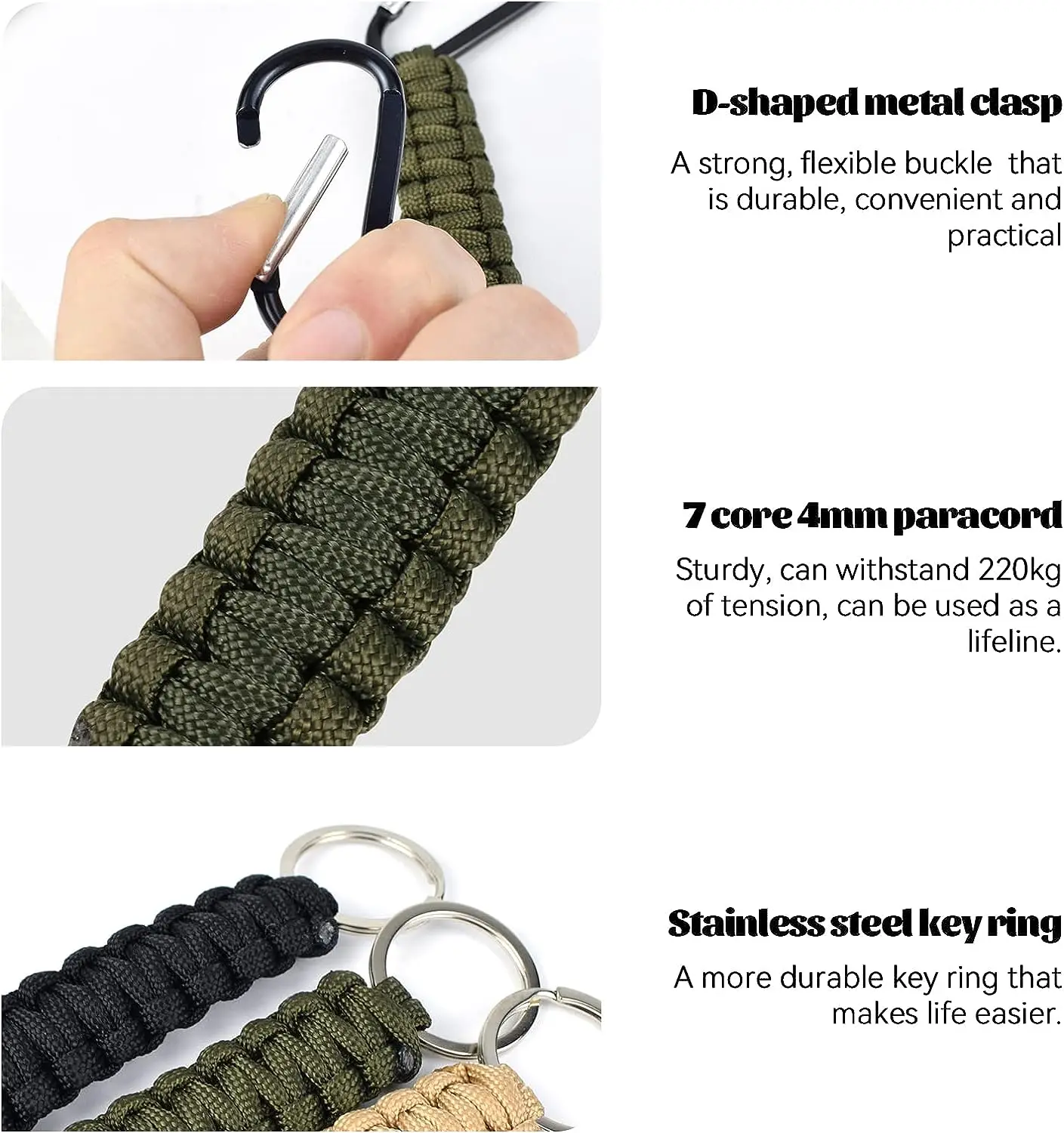 Anthrive Outdoor Men Camping 550lb Survival Metal Nylon Braided Lanyard Ring Hook Clip Paracord Keychains With Carabiner
