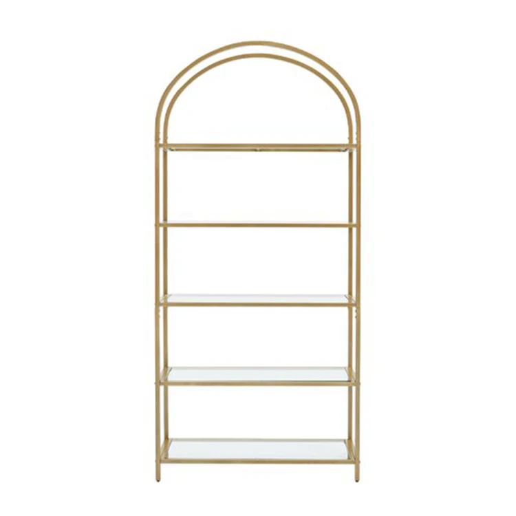 Living Room Office Simple Design Gold Black Iron Glass Arched Bookshelf Floor Standing Bookcase Shelf 5-Tier Bookcase