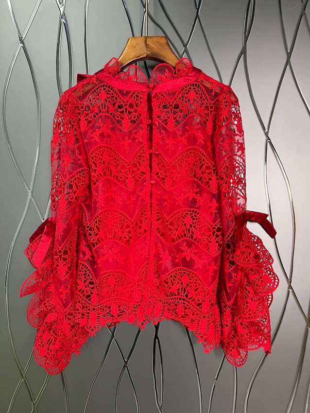 Tops Fashion Designer Blouses 2023 Spring Summer Blouse Women Allover Crochet Lace Embroidery Bow Deco Flare Sleeve Red Blue Top